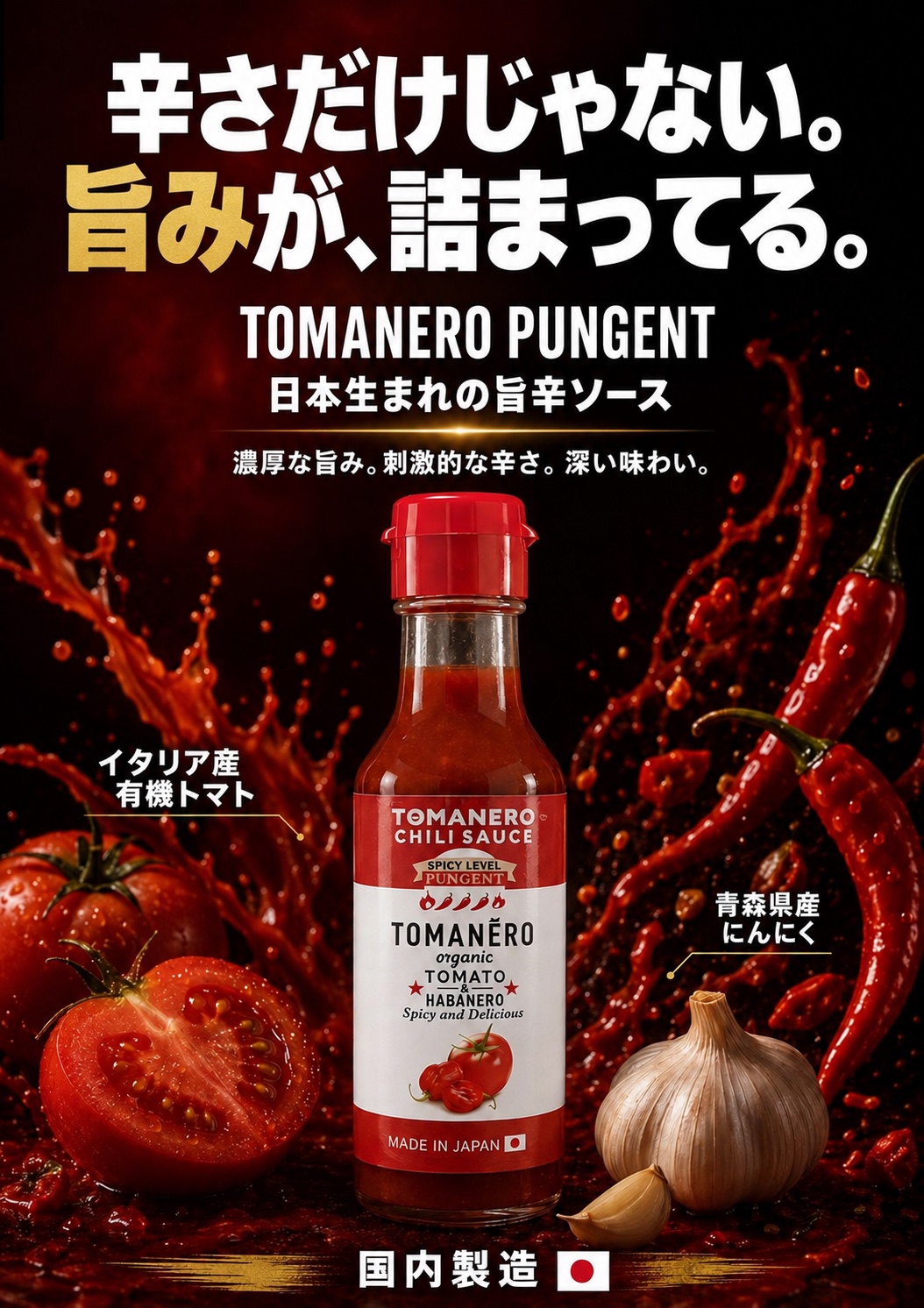 辛さだけじゃない、旨みが詰まっているTOMANERO PUNGENT。イタリア産有機トマトと青森県産にんにくを使用した国内製造の旨辛ソース